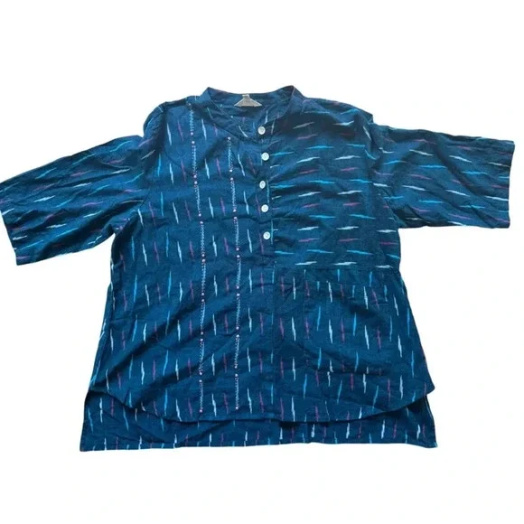 Market Place Handwork Of India Blue Cotton 3/4 Length Sleeve Tunic Size 1W - Picture 3 of 10